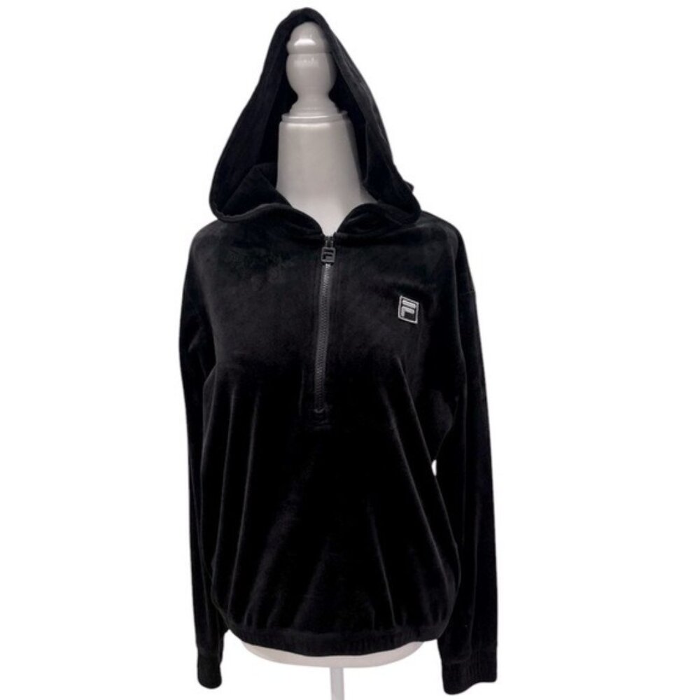 FILA Black Velour 1/4 Zip Plush Hoodie Medium